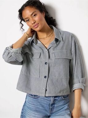 Sanctuary Night Owl Shacket Pinstripe Crop Jacket 100% Cotton Size Medium NWOT
